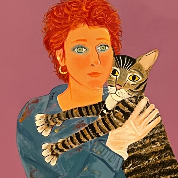 Joan Brown in a self-portrait, holing her cat.